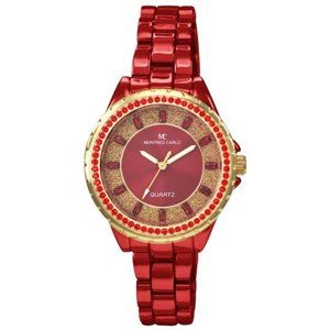 38mm Montres Carlo Women Fashion Luxury Ladies Stones Quartz Red Dress Watch